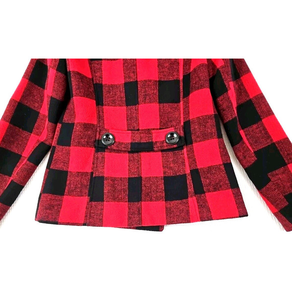 Rampage ~Woman Size M~ Scarlet Red/Caviar Plaid Buffalo Check Pea Coat Jacket. - Picture 8 of 11
